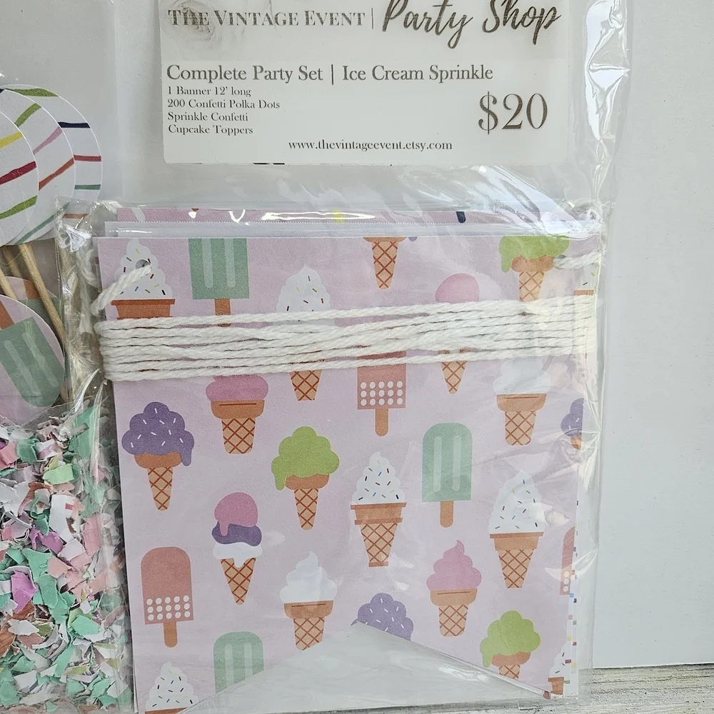 Pastel Ice Cream Party Decorations Set with Banners & Confetti
